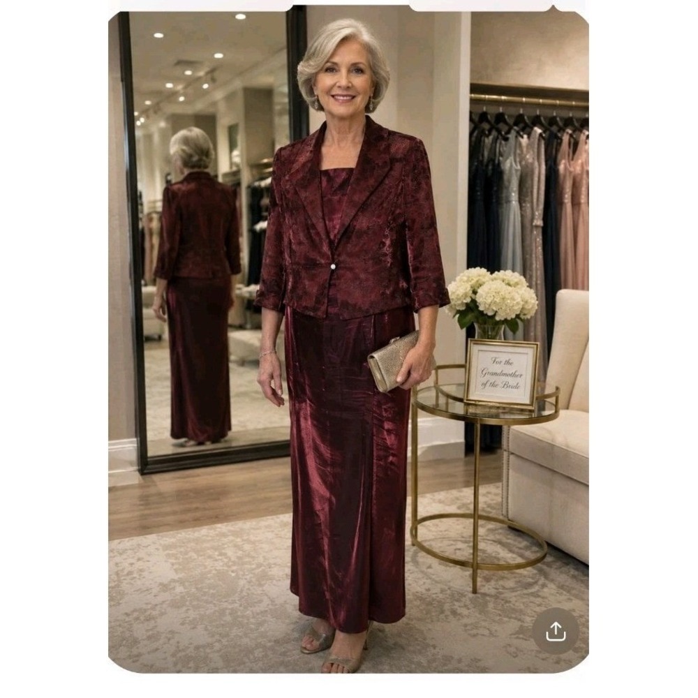 Alex Evenings Petite 10P Red Shimmer Maxi Dress Paisley Jacket 2 Piece Set